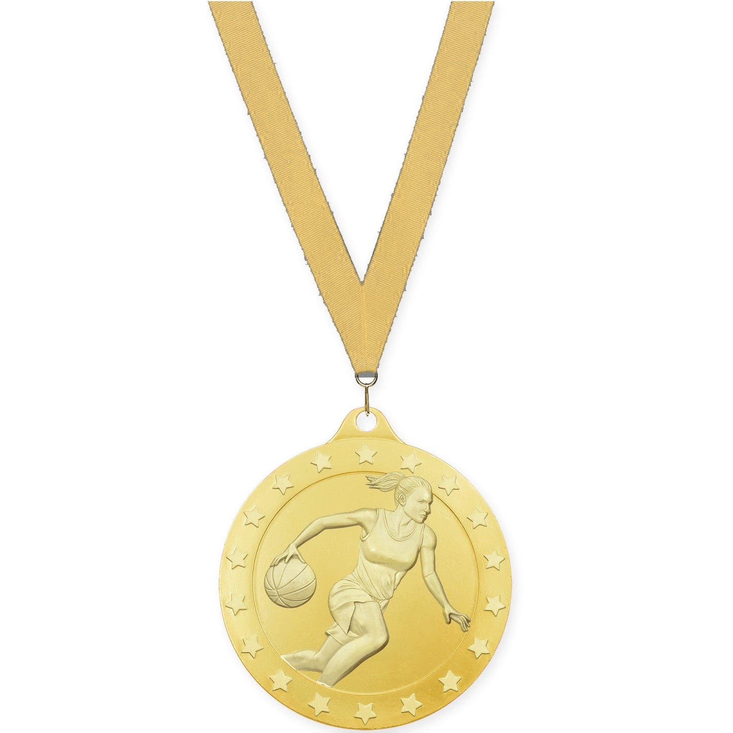 2 3/4 inch female basketball Radiance medal in gold with Gold Metallic neck ribbon