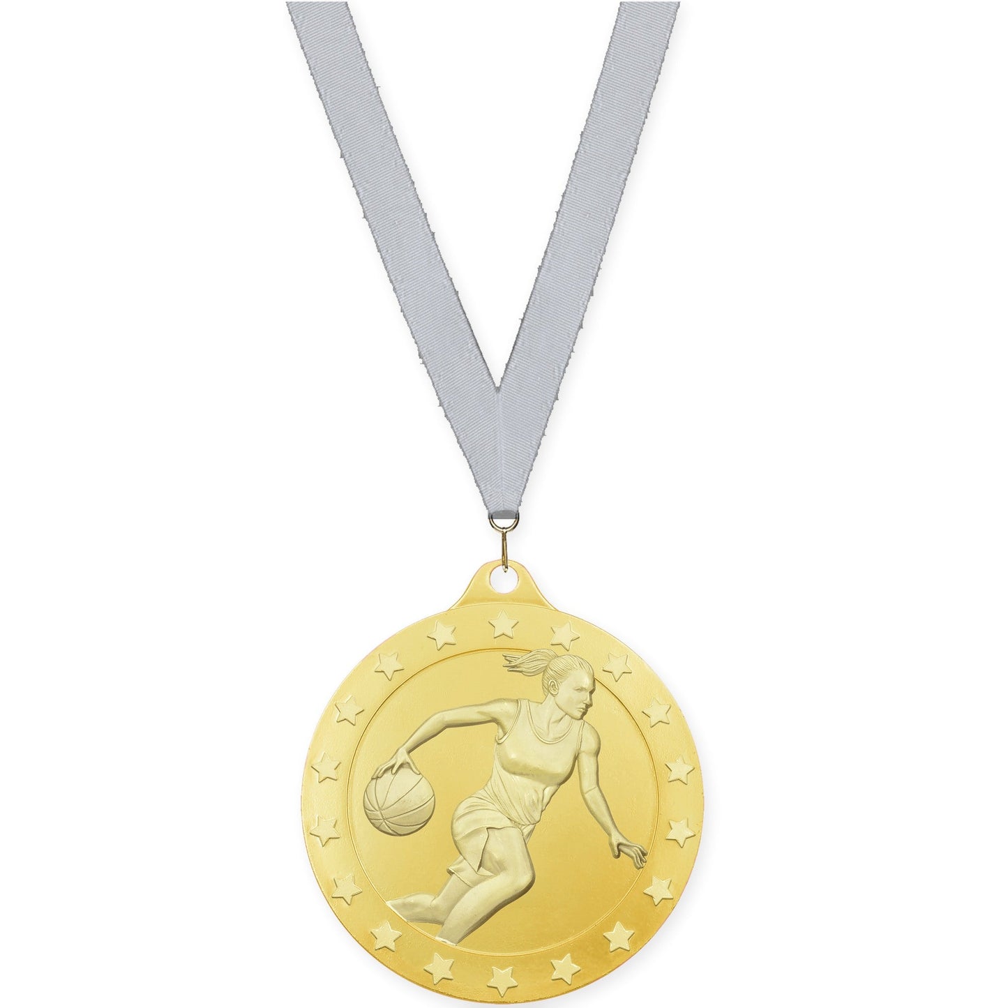 2 3/4 inch female basketball Radiance medal in gold with Silver Metallic neck ribbon
