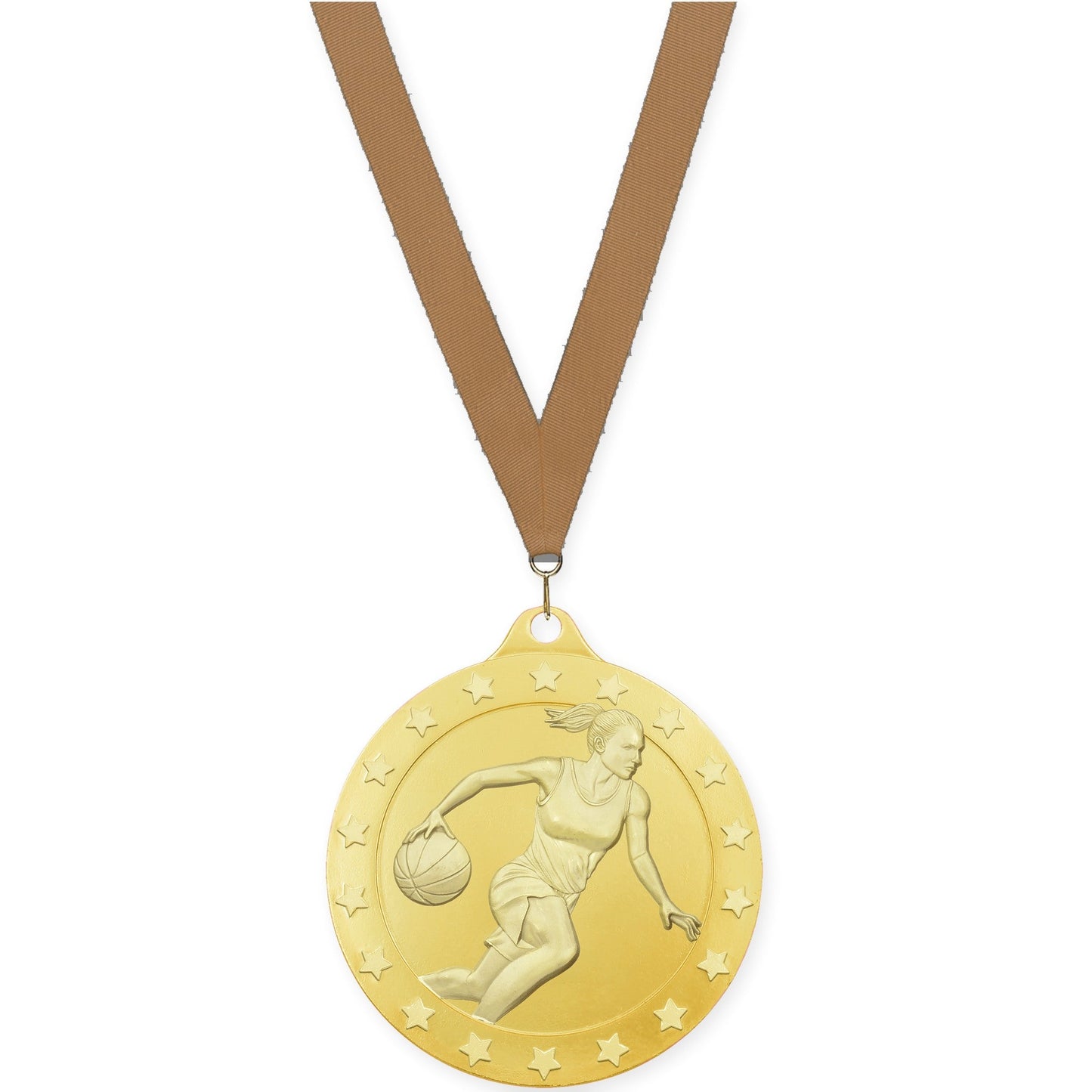 2 3/4 inch female basketball Radiance medal in gold with Bronze Metallic neck ribbon