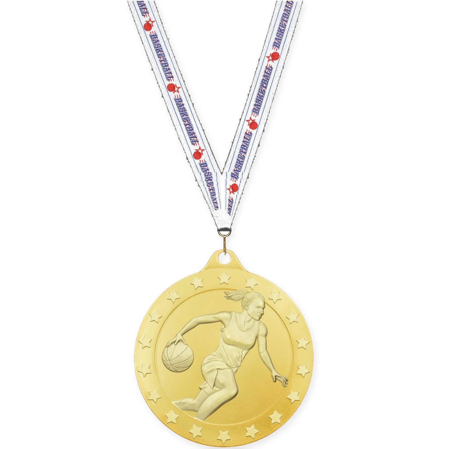 2 3/4 inch female basketball Radiance medal in gold with Basketball neck ribbon