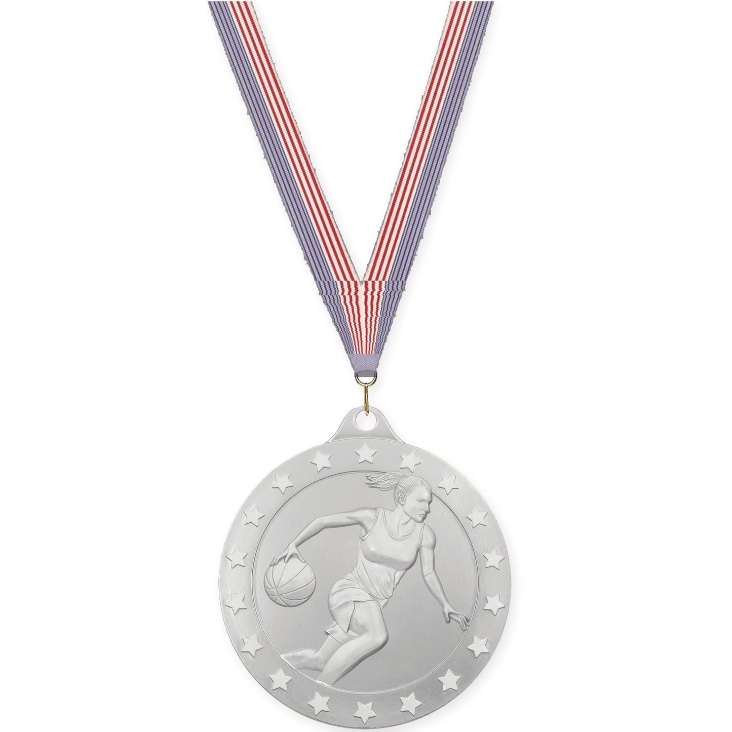 2 3/4 inch female basketball Radiance medal in silver with USA Flag neck ribbon