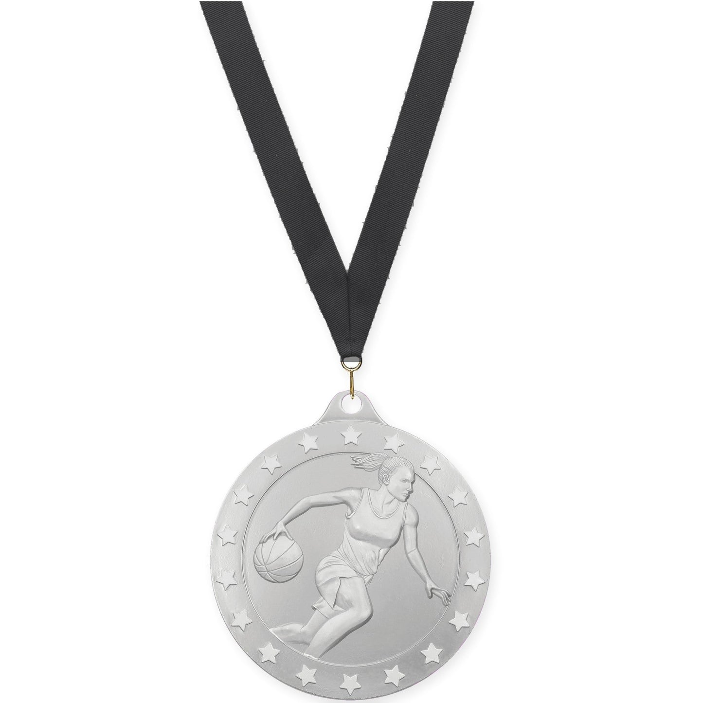 2 3/4 inch female basketball Radiance medal in silver with Black neck ribbon