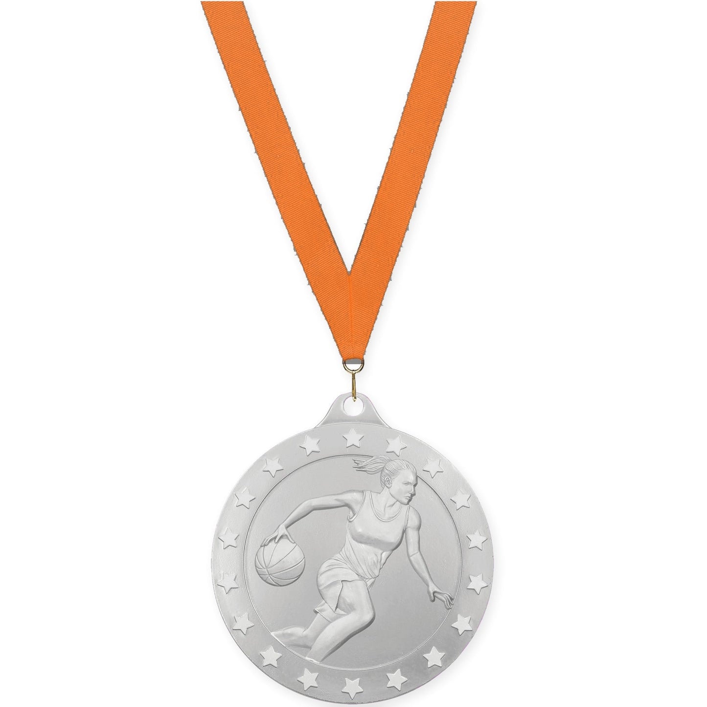 2 3/4 inch female basketball Radiance medal in silver with Orange neck ribbon