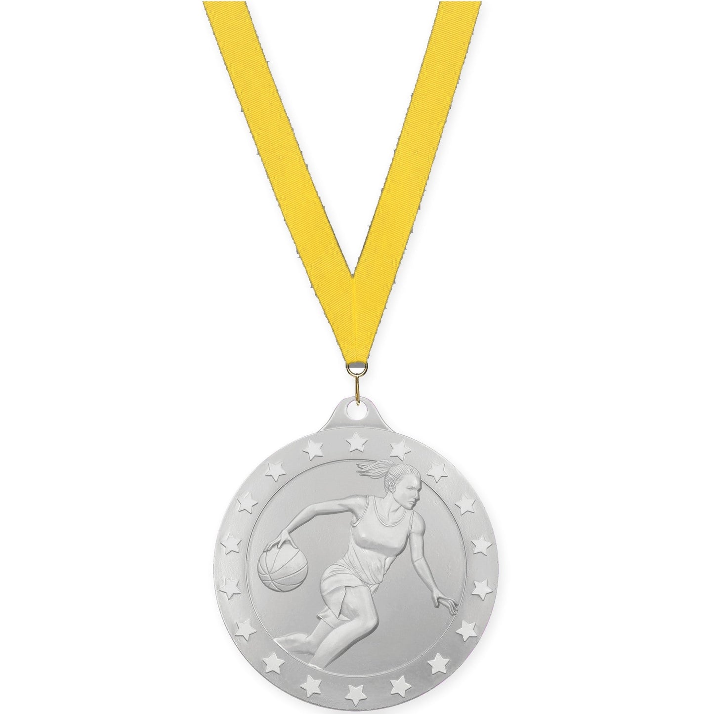 2 3/4 inch female basketball Radiance medal in silver with Yellow neck ribbon