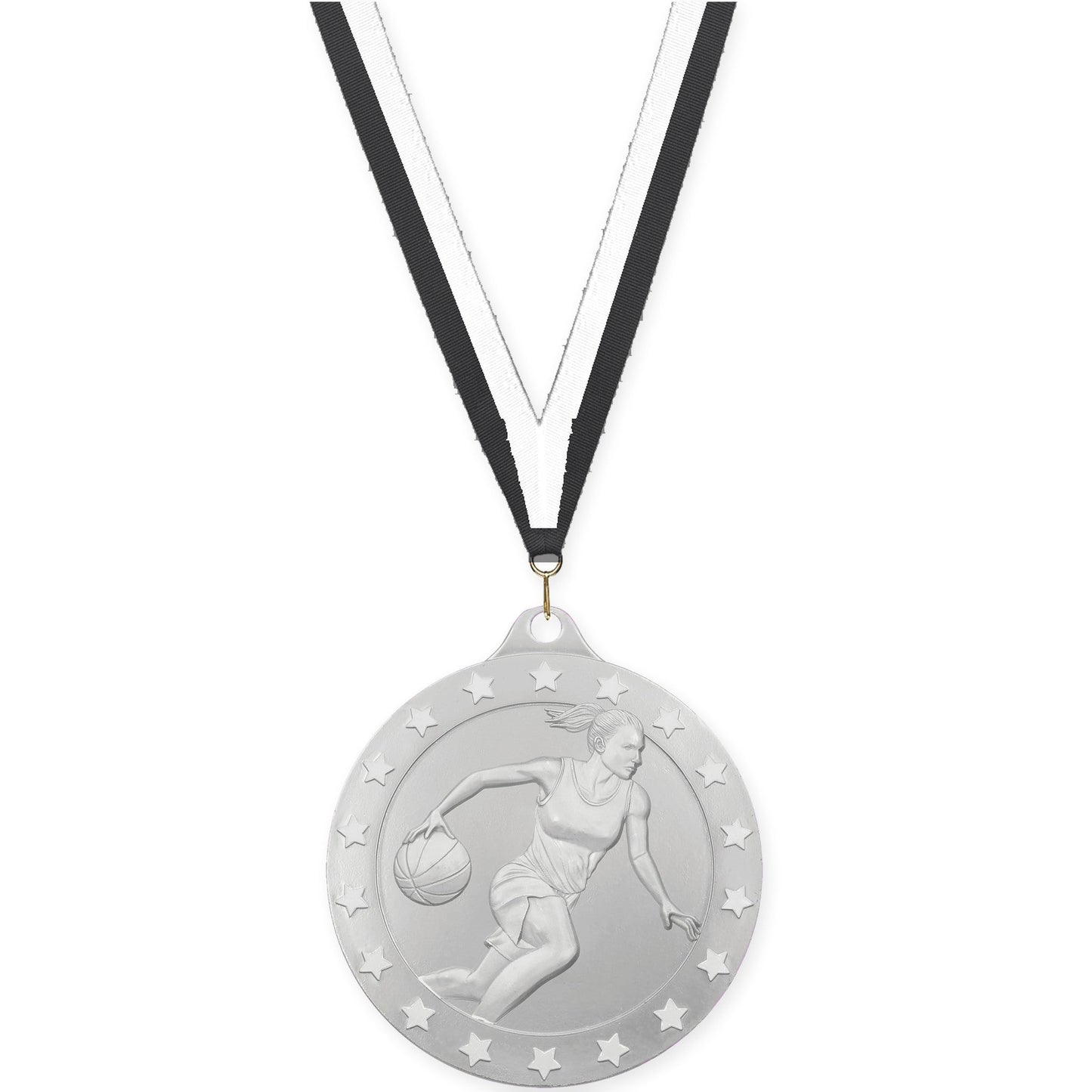 2 3/4 inch female basketball Radiance medal in silver with Black White neck ribbon