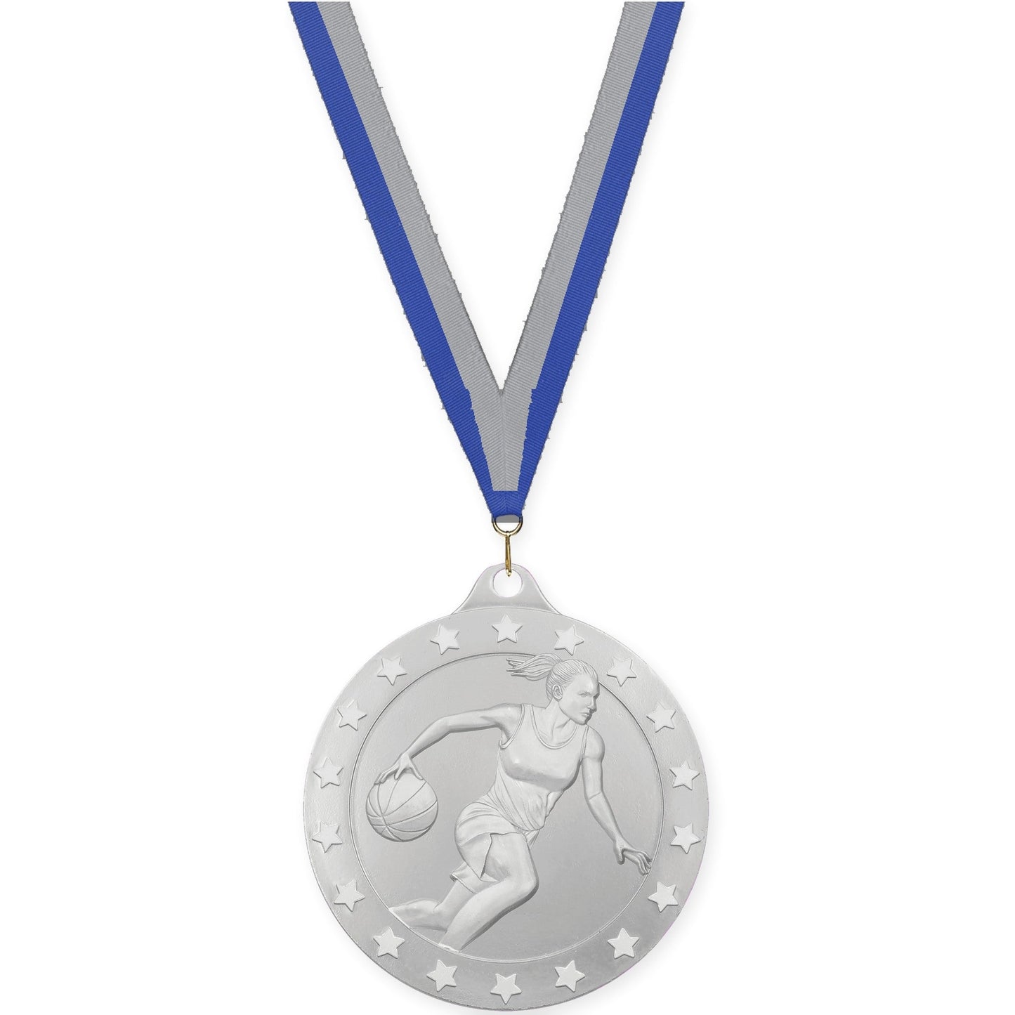 2 3/4 inch female basketball Radiance medal in silver with Blue Gray neck ribbon