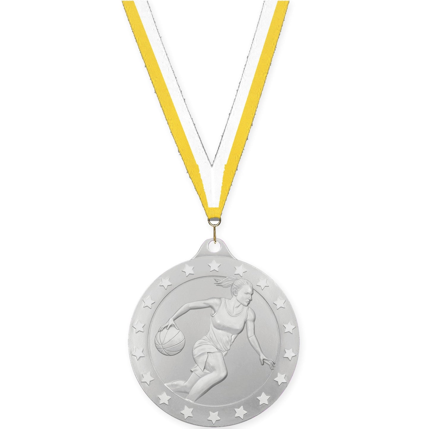 2 3/4 inch female basketball Radiance medal in silver with Yellow White neck ribbon