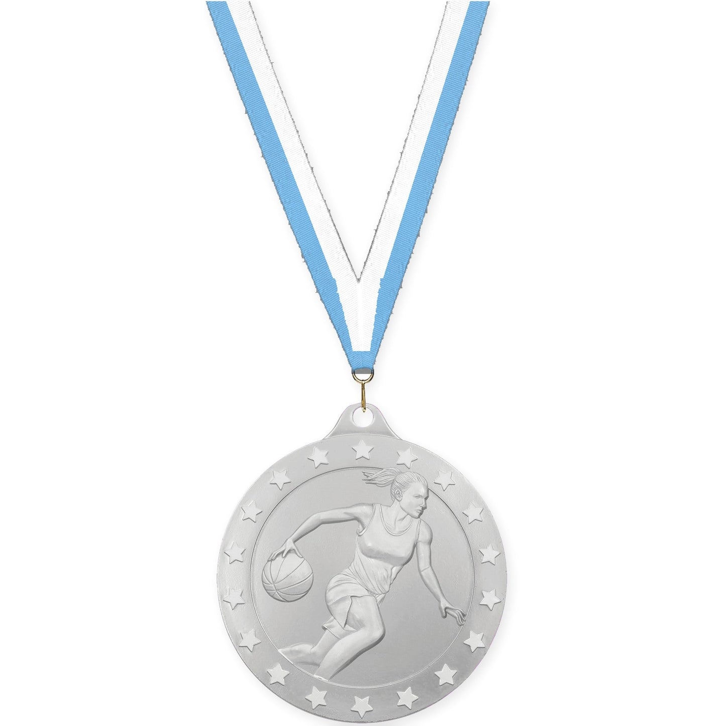 2 3/4 inch female basketball Radiance medal in silver with Light Blue White neck ribbon