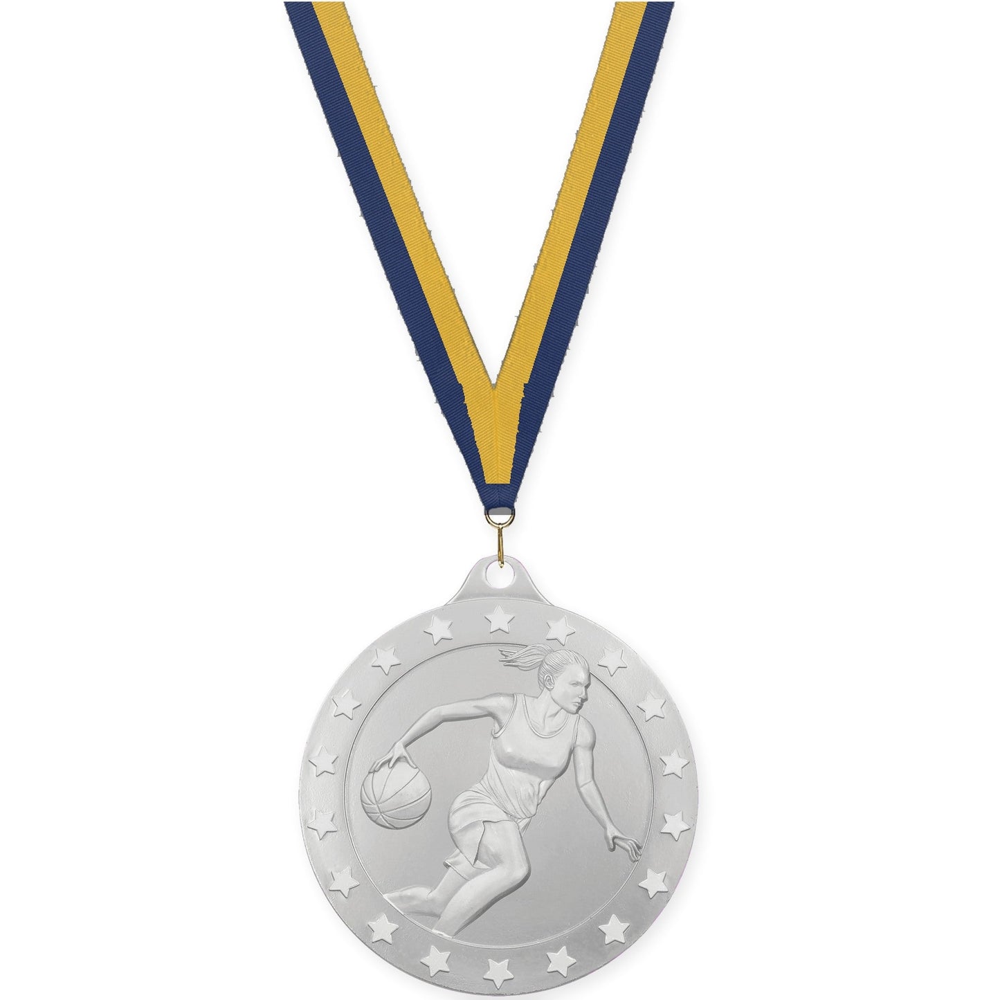 2 3/4 inch female basketball Radiance medal in silver with Navy Gold neck ribbon