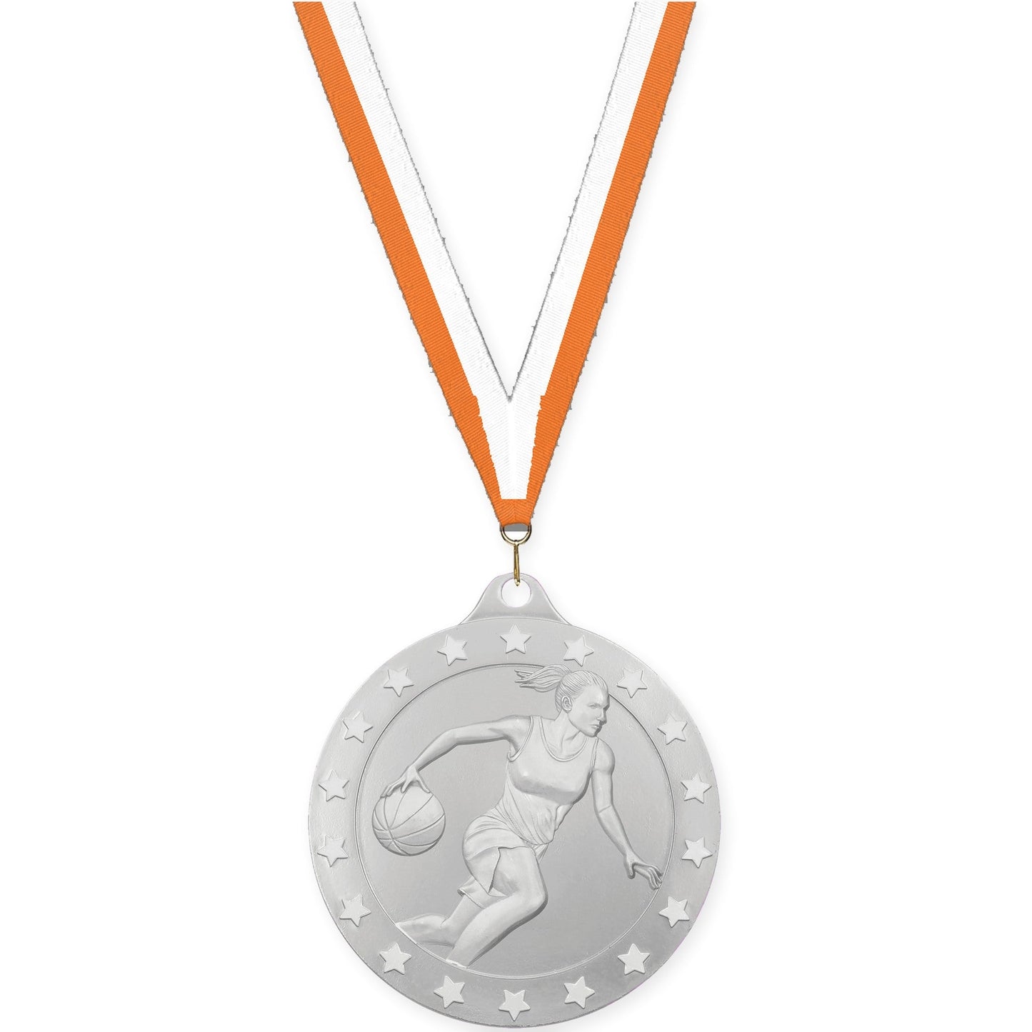 2 3/4 inch female basketball Radiance medal in silver with Orange White neck ribbon