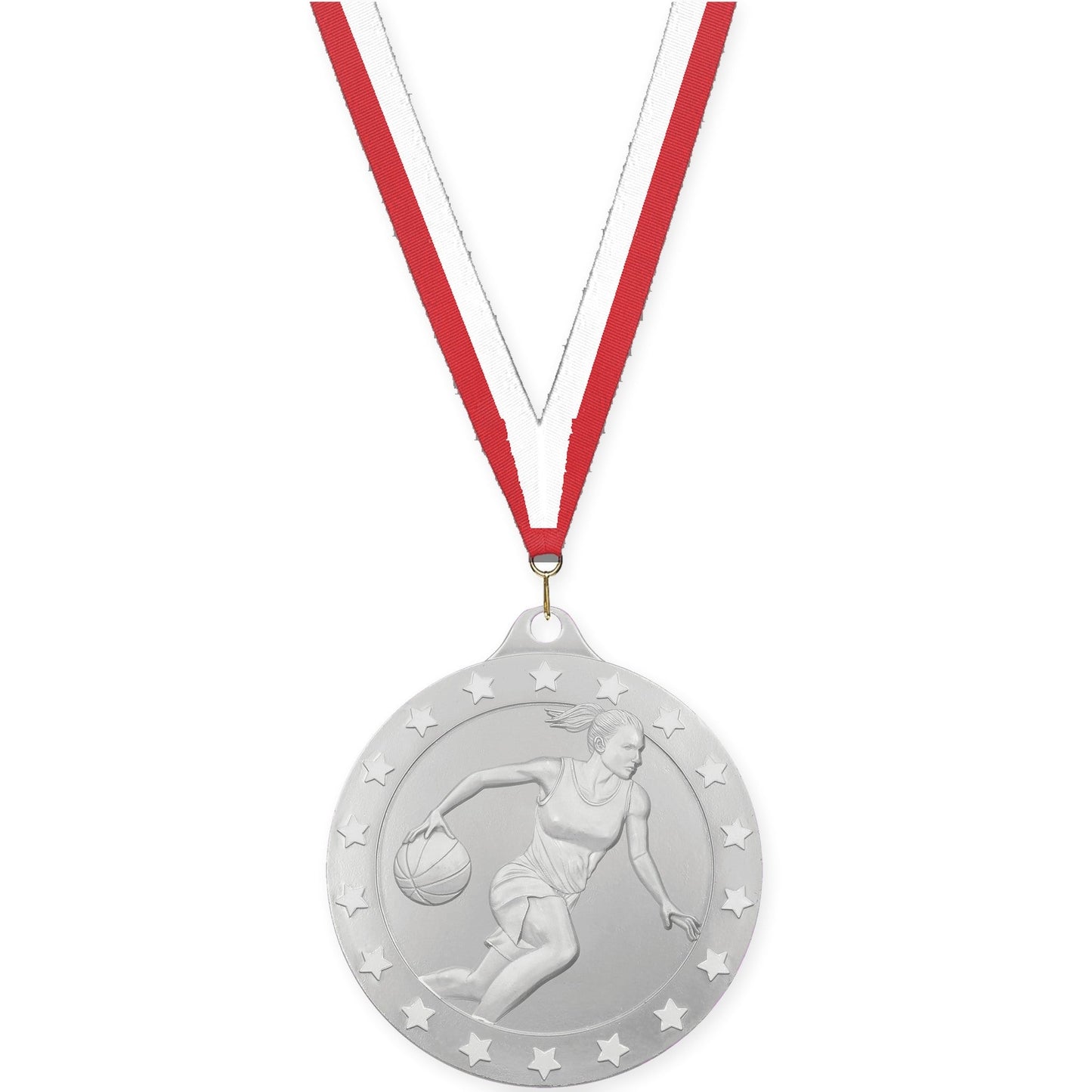 2 3/4 inch female basketball Radiance medal in silver with Red White neck ribbon