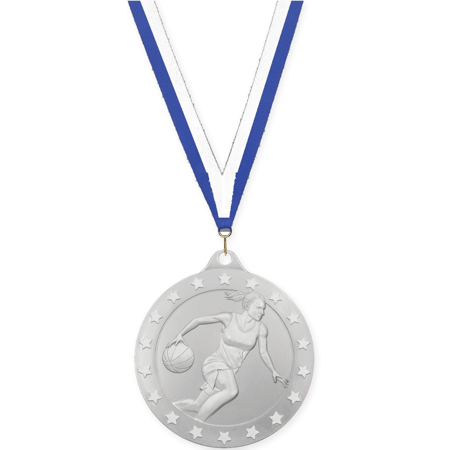 2 3/4 inch female basketball Radiance medal in silver with Blue White neck ribbon