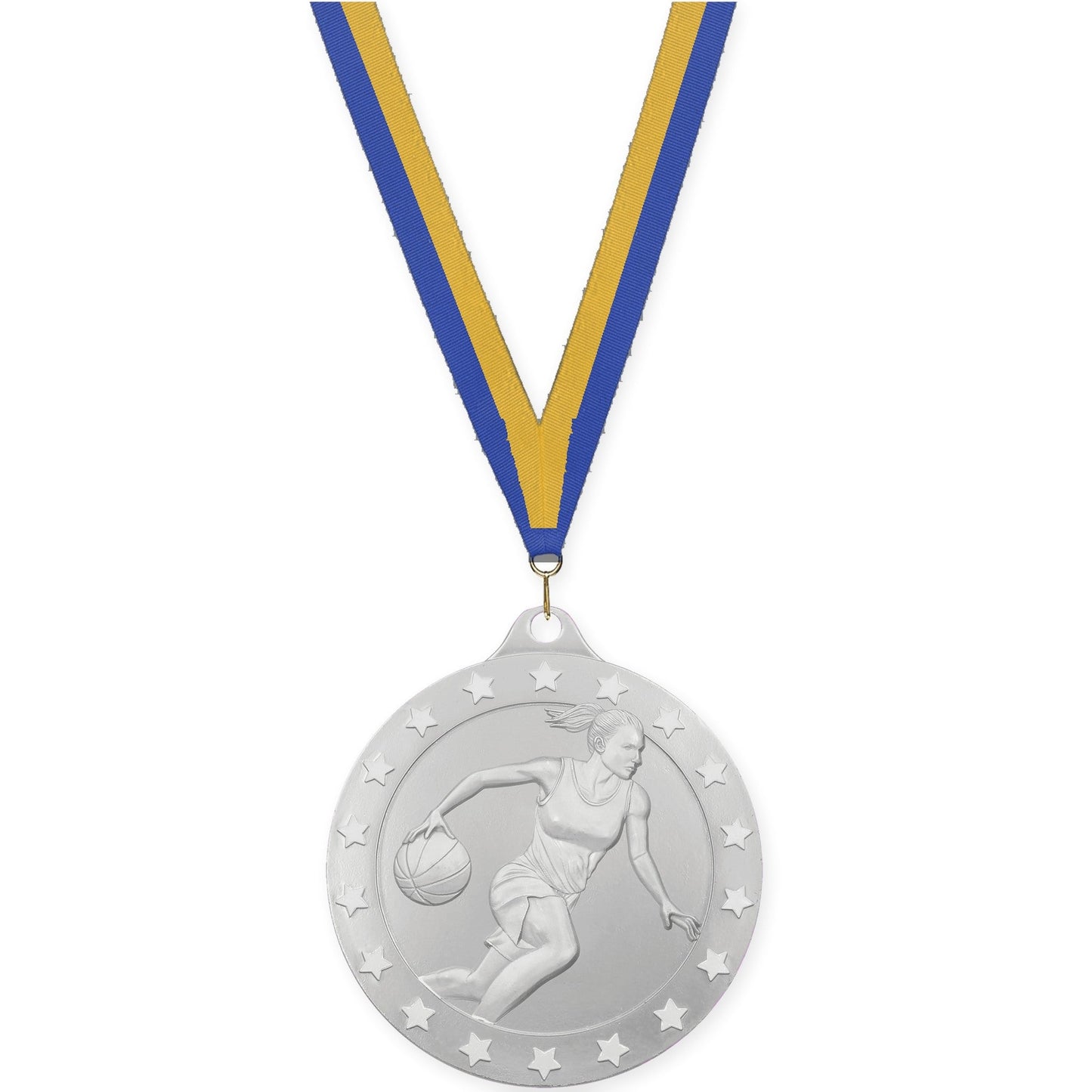2 3/4 inch female basketball Radiance medal in silver with Blue Gold neck ribbon