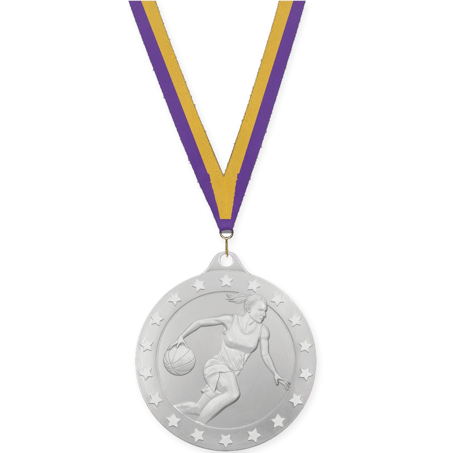 2 3/4 inch female basketball Radiance medal in silver with Purple Gold neck ribbon