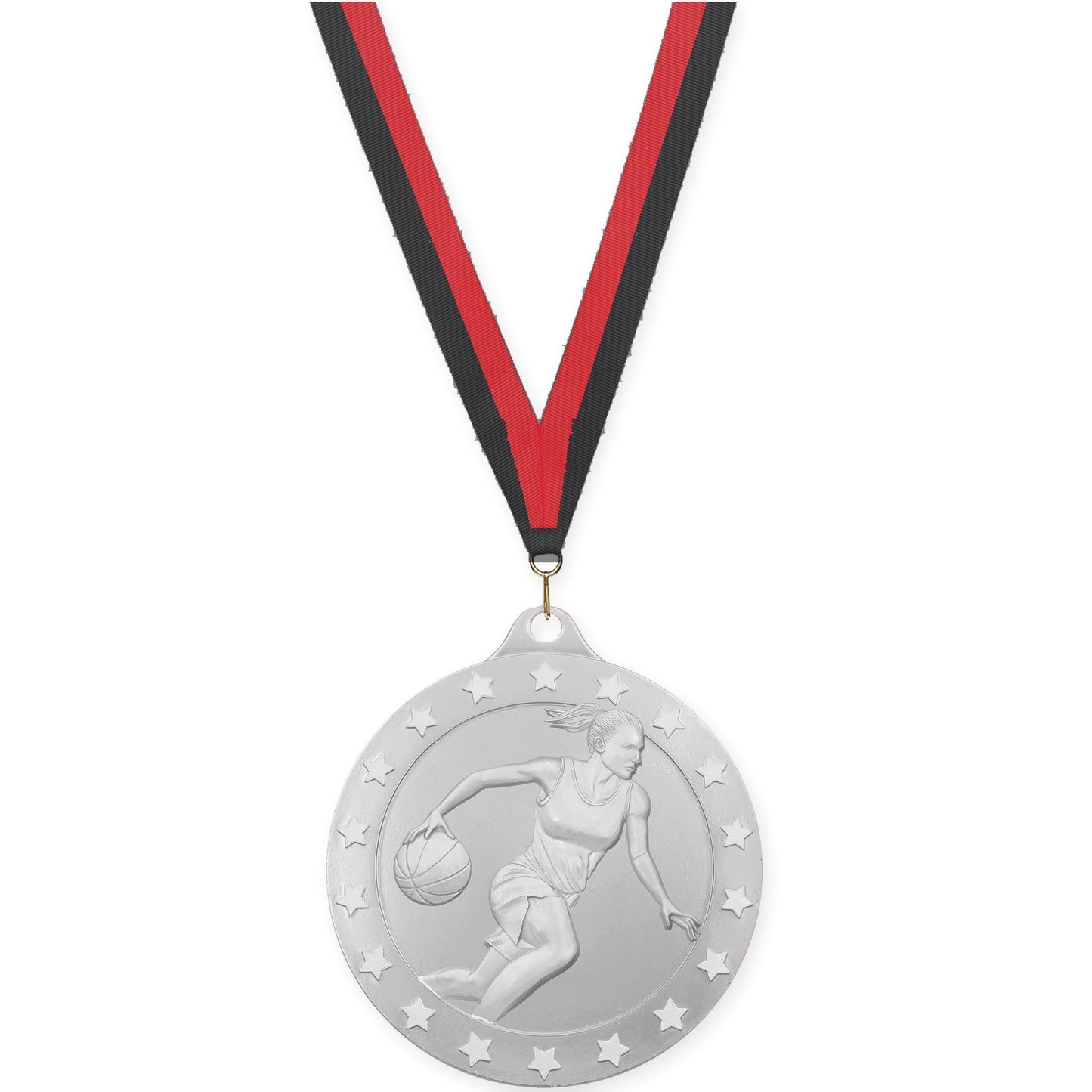 2 3/4 inch female basketball Radiance medal in silver with Black Red neck ribbon