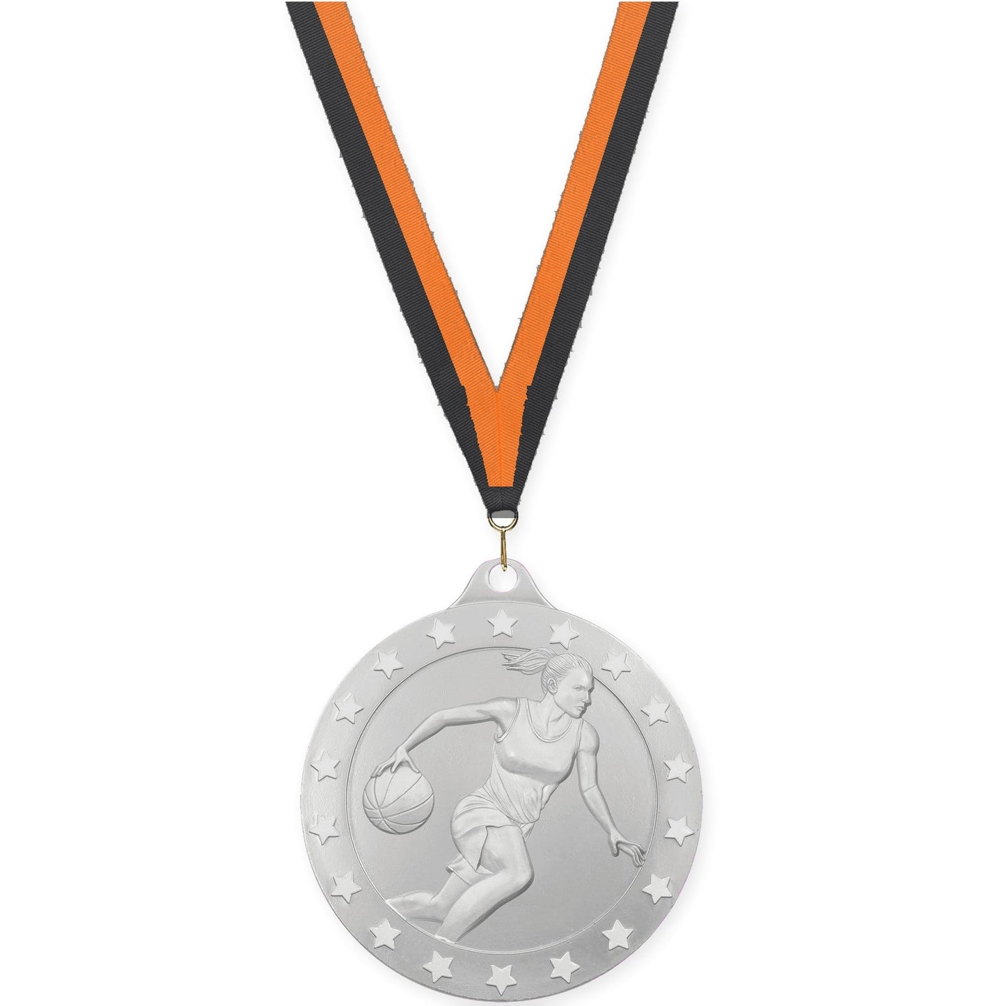 2 3/4 inch female basketball Radiance medal in silver with Black Orange neck ribbon