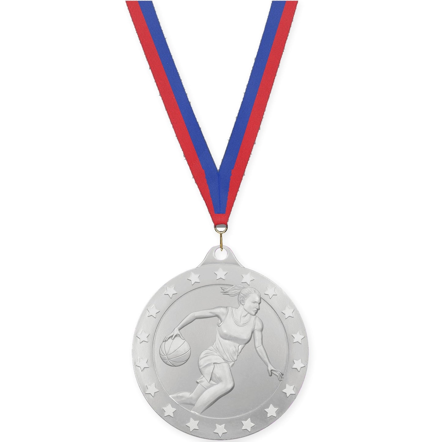 2 3/4 inch female basketball Radiance medal in silver with Blue Red neck ribbon