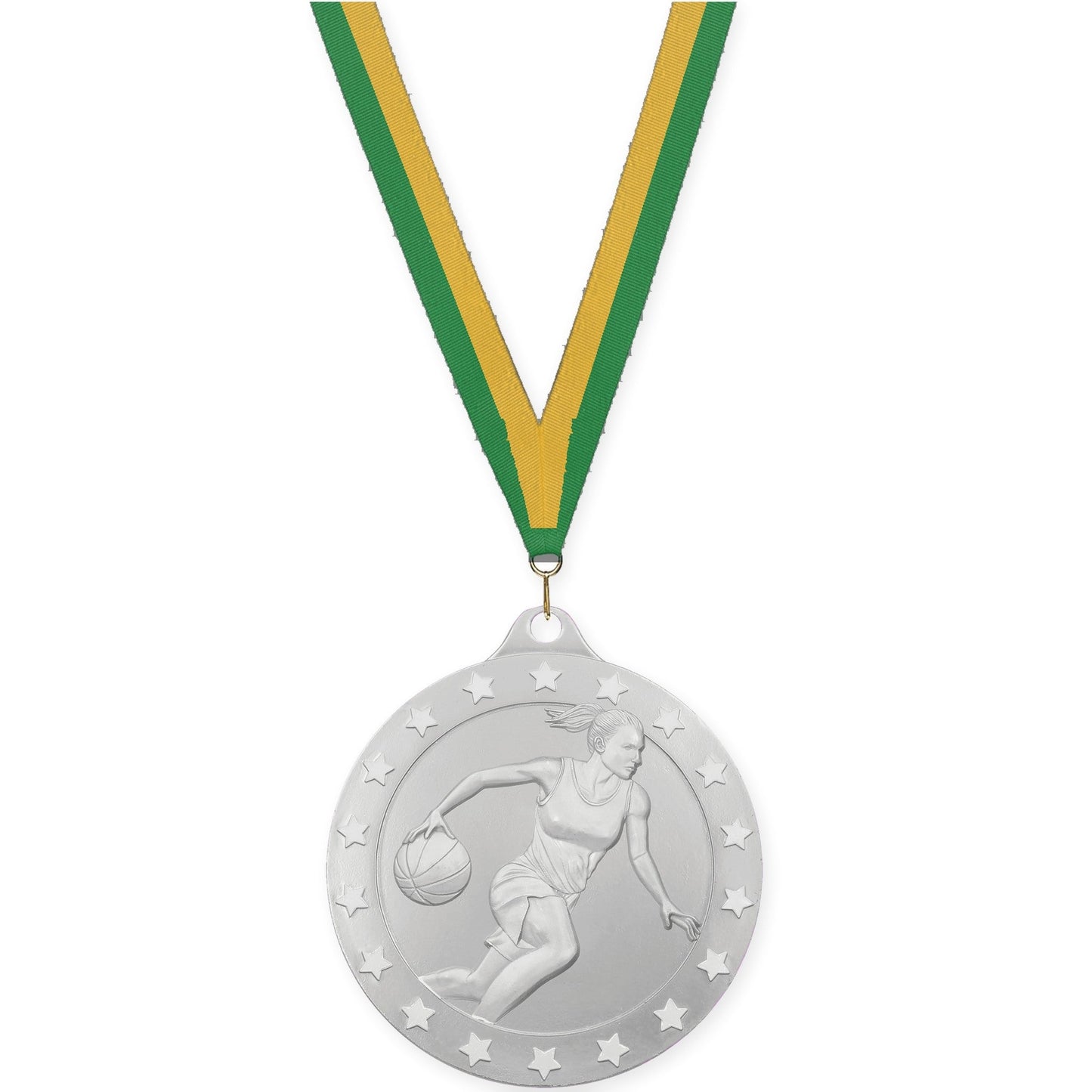 2 3/4 inch female basketball Radiance medal in silver with Green Gold neck ribbon