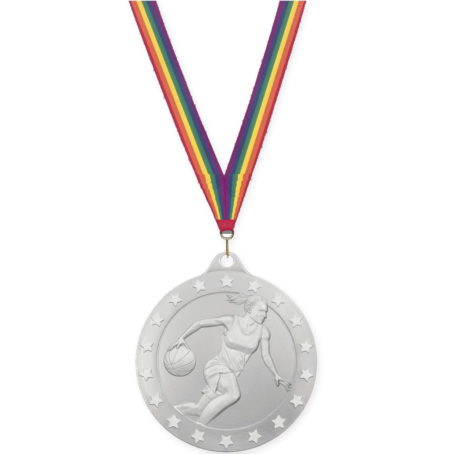 2 3/4 inch female basketball Radiance medal in silver with Rainbow neck ribbon