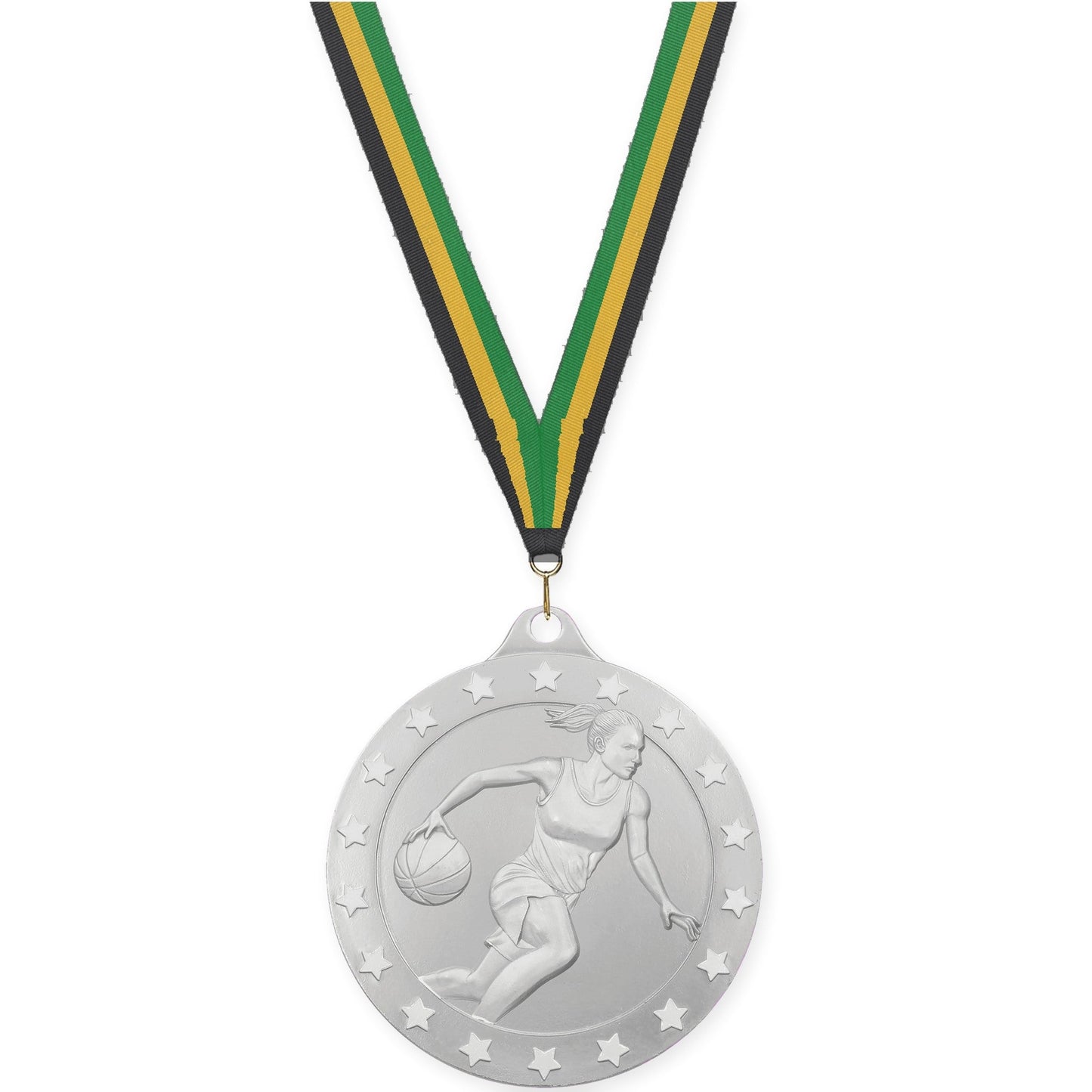 2 3/4 inch female basketball Radiance medal in silver with Black Gold Green neck ribbon