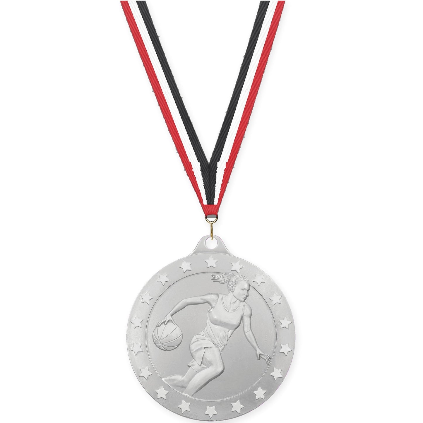 2 3/4 inch female basketball Radiance medal in silver with Red White Black neck ribbon