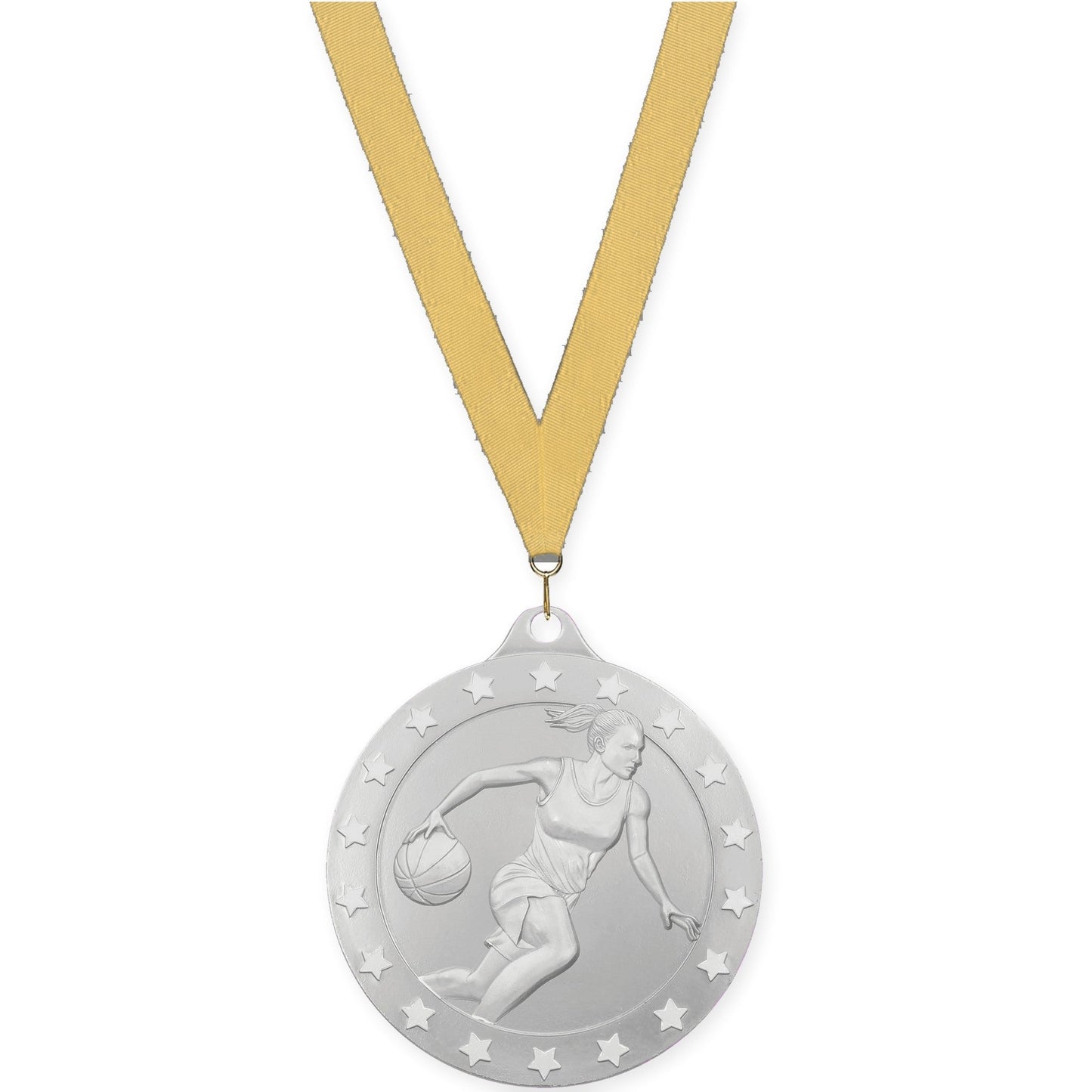 2 3/4 inch female basketball Radiance medal in silver with Gold Metallic neck ribbon