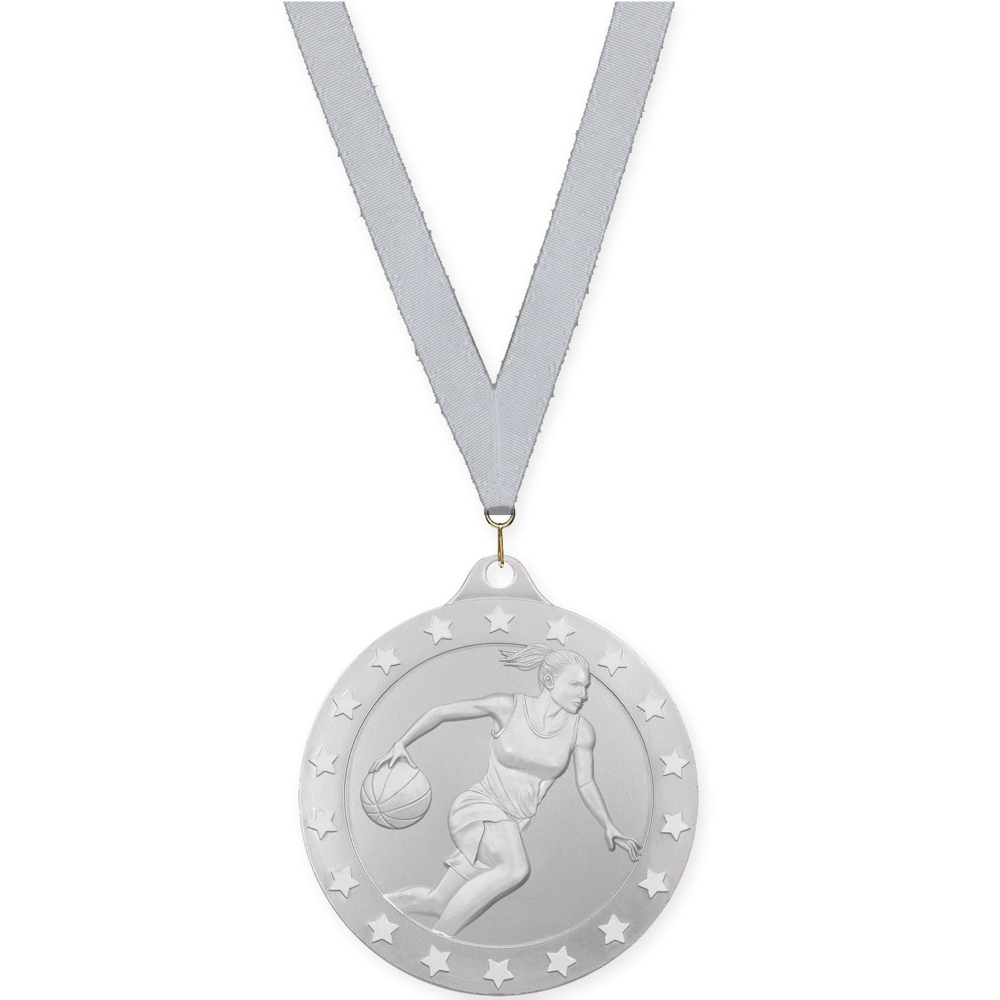 2 3/4 inch female basketball Radiance medal in silver with Silver Metallic neck ribbon