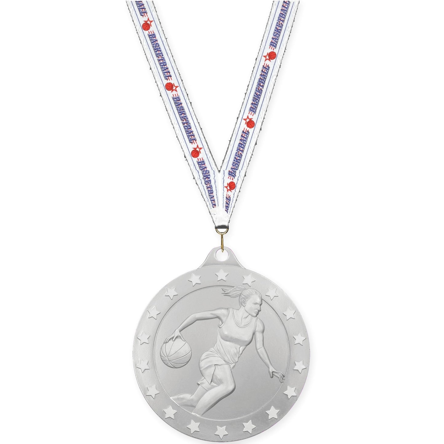 2 3/4 inch female basketball Radiance medal in silver with Basketball neck ribbon