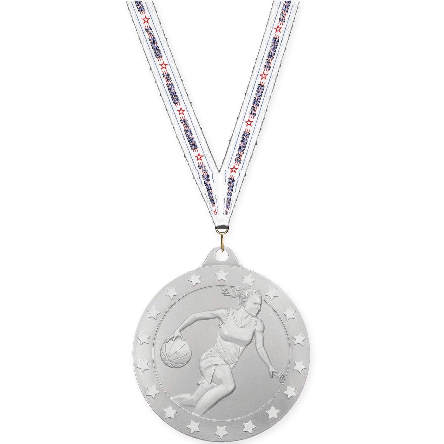 2 3/4 inch female basketball Radiance medal in silver with 1st Place neck ribbon