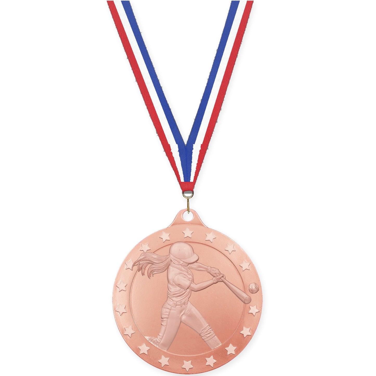 2 3/4 inch softball Radiance medal in bronze with Red White Blue neck ribbon