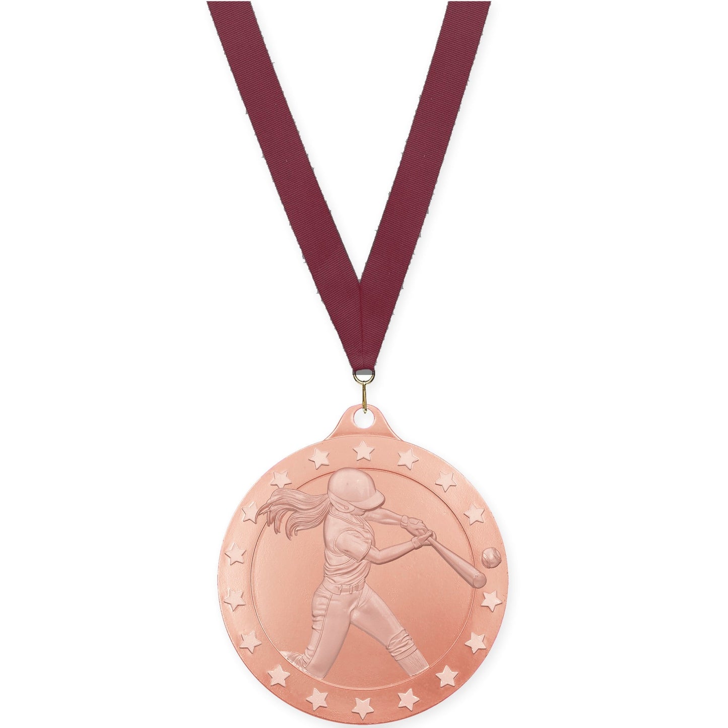 2 3/4 inch softball Radiance medal in bronze with Maroon neck ribbon