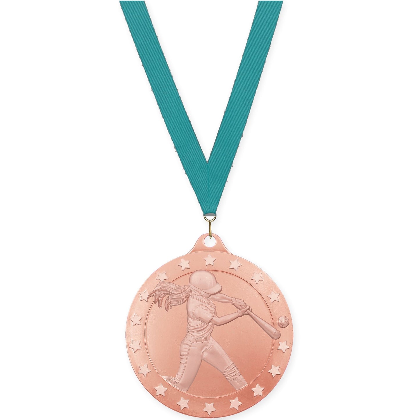 2 3/4 inch softball Radiance medal in bronze with Teal neck ribbon