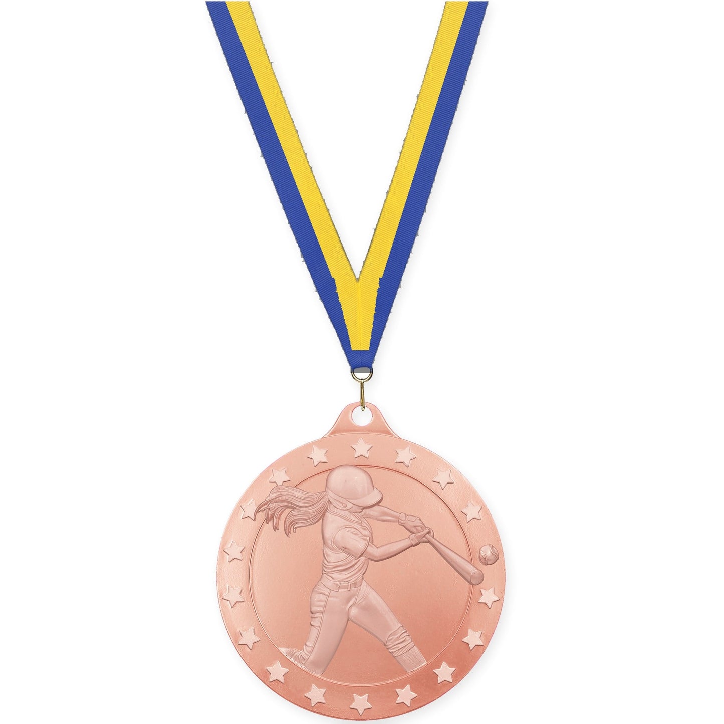 2 3/4 inch softball Radiance medal in bronze with Blue Yellow neck ribbon