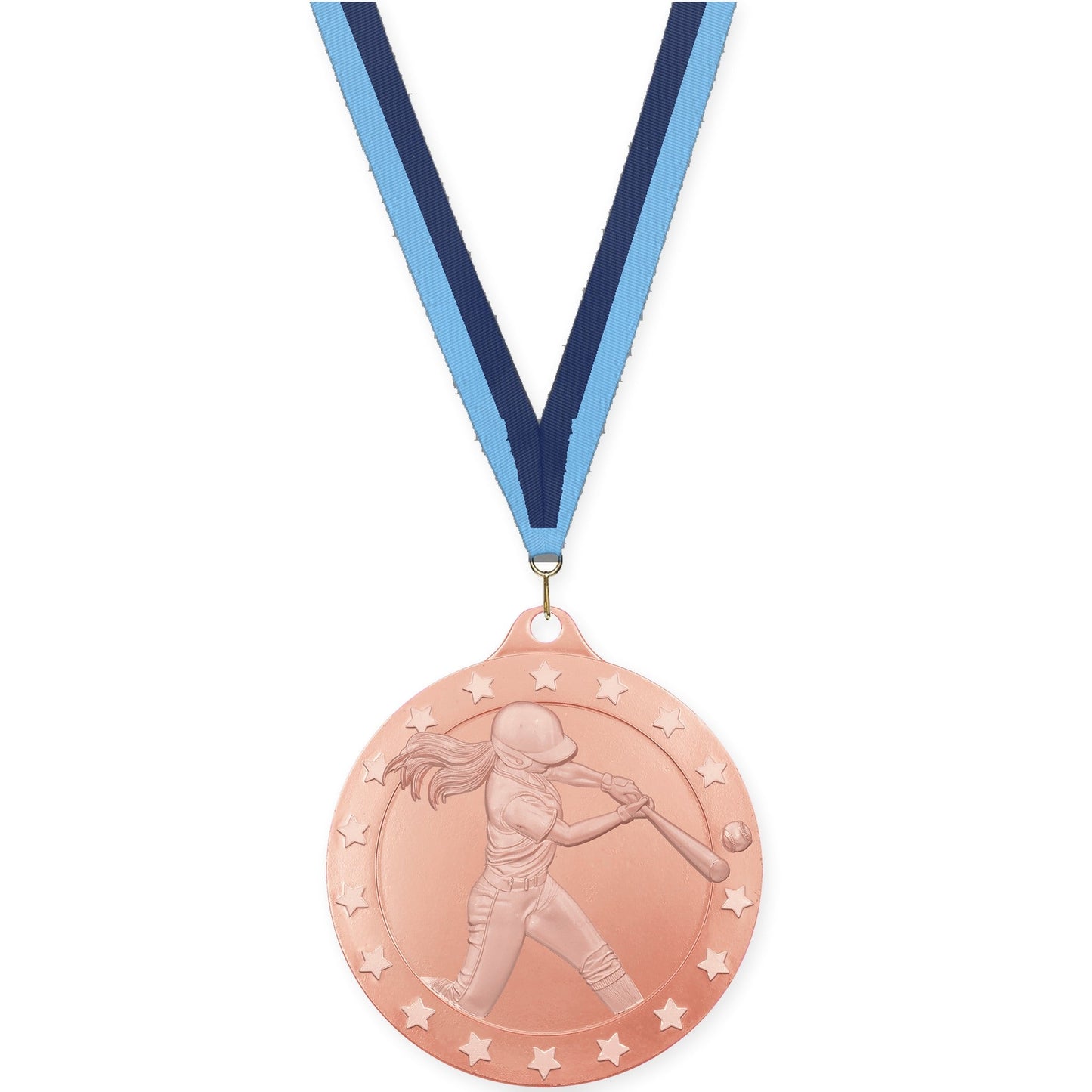 2 3/4 inch softball Radiance medal in bronze with Light Blue Navy neck ribbon