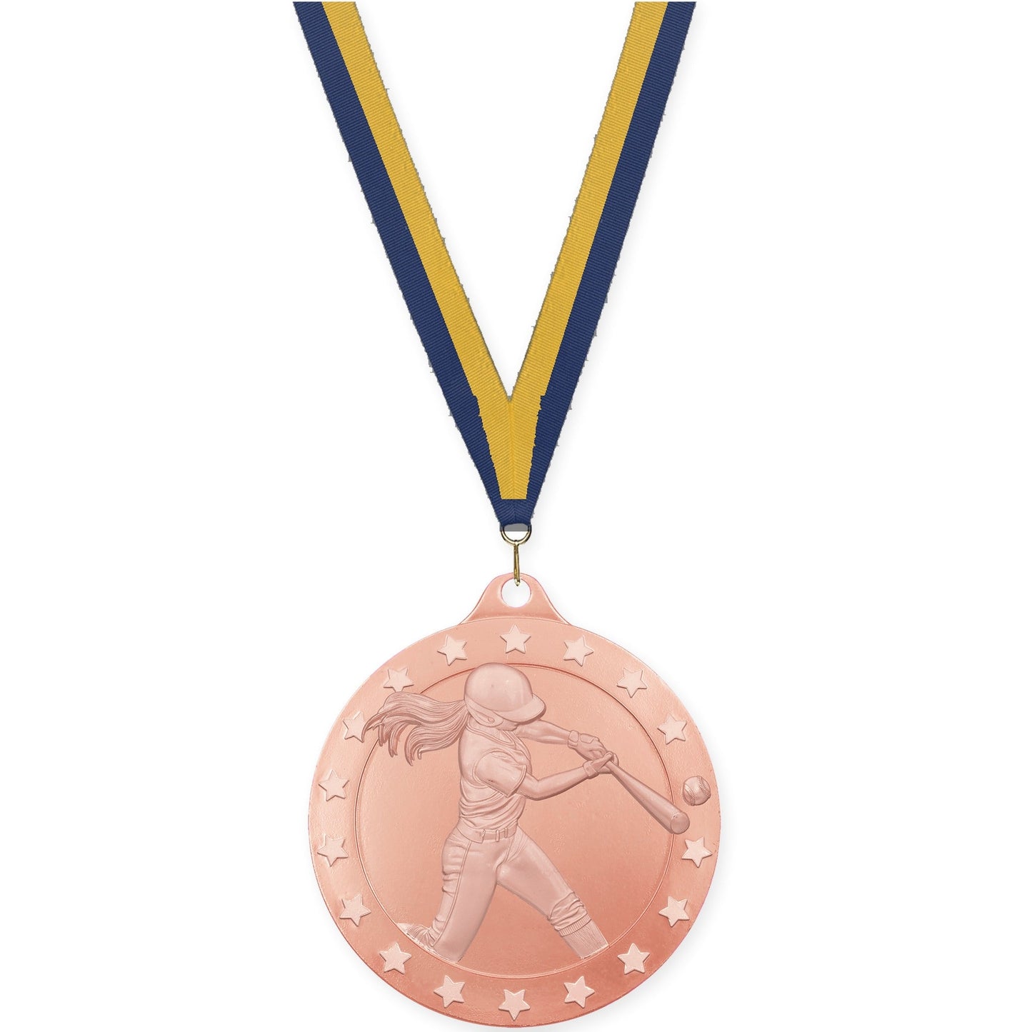 2 3/4 inch softball Radiance medal in bronze with Navy Gold neck ribbon