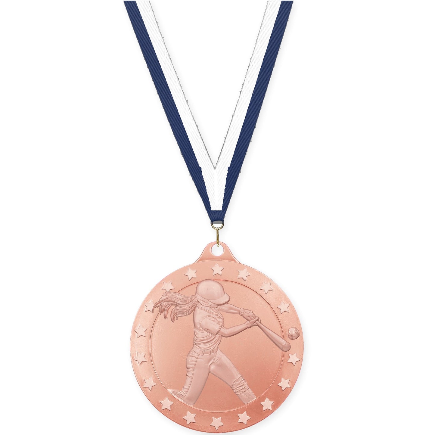 2 3/4 inch softball Radiance medal in bronze with Navy White neck ribbon