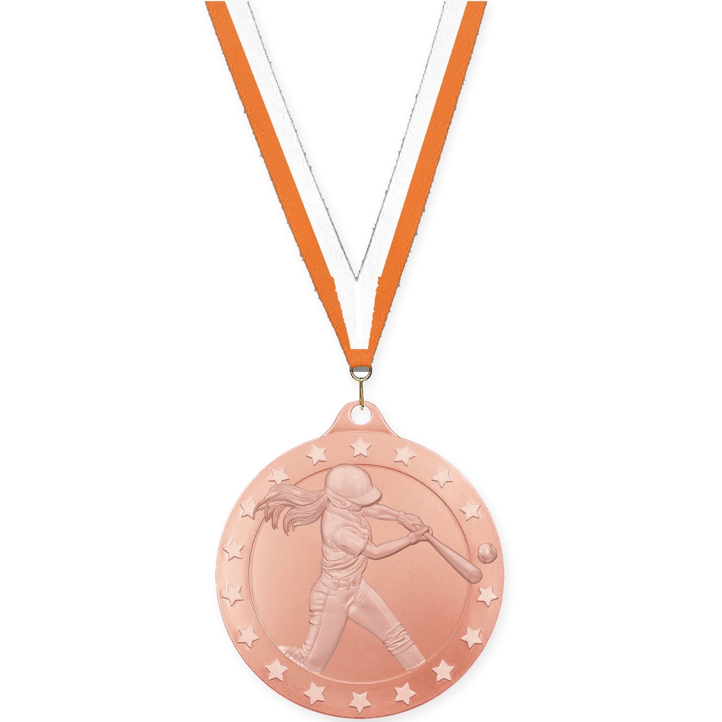 2 3/4 inch softball Radiance medal in bronze with Orange White neck ribbon
