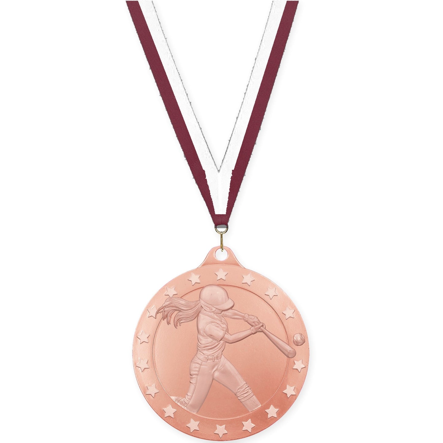 2 3/4 inch softball Radiance medal in bronze with Maroon White neck ribbon