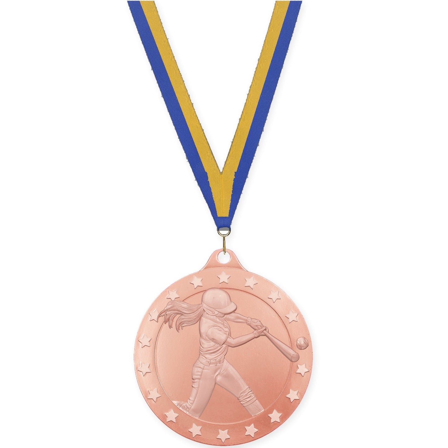 2 3/4 inch softball Radiance medal in bronze with Blue Gold neck ribbon