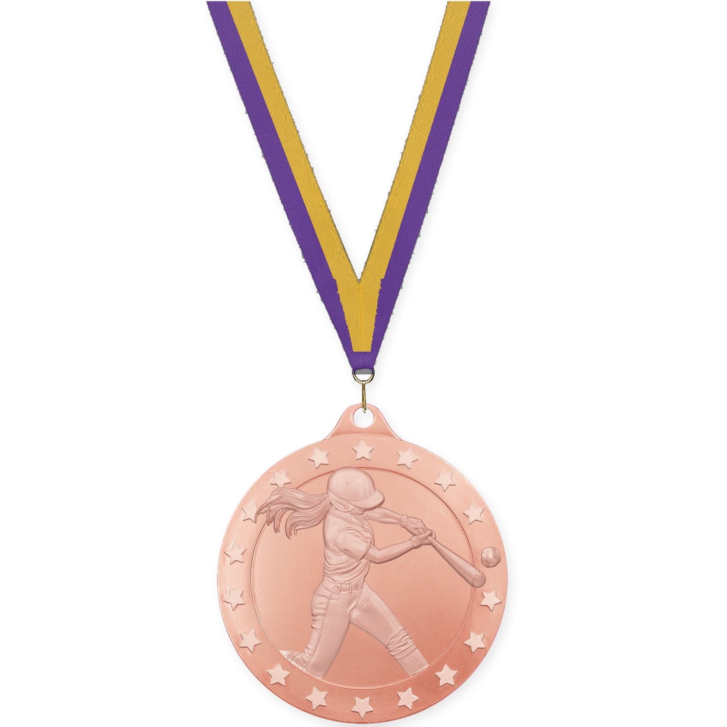 2 3/4 inch softball Radiance medal in bronze with Purple Gold neck ribbon