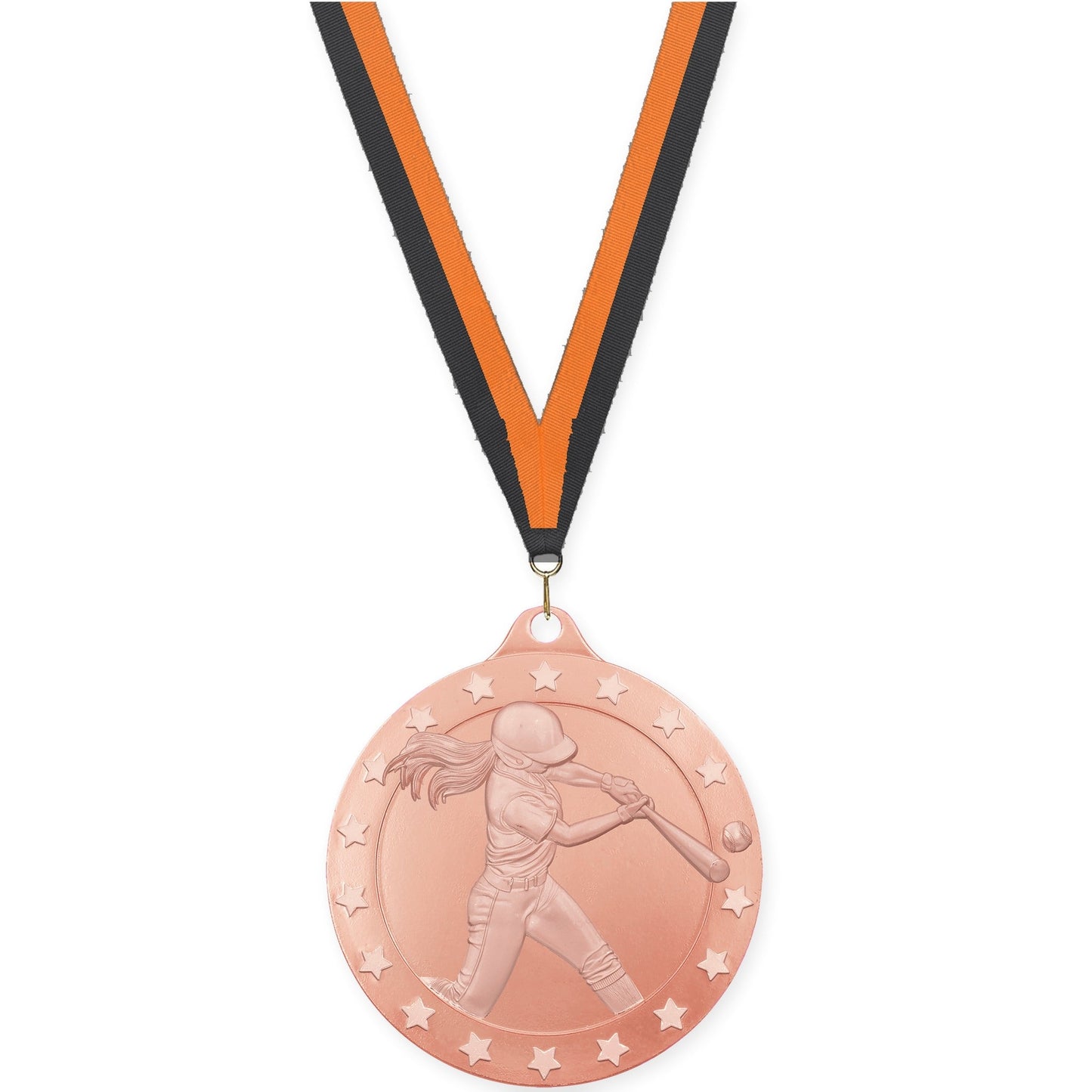 2 3/4 inch softball Radiance medal in bronze with Black Orange neck ribbon