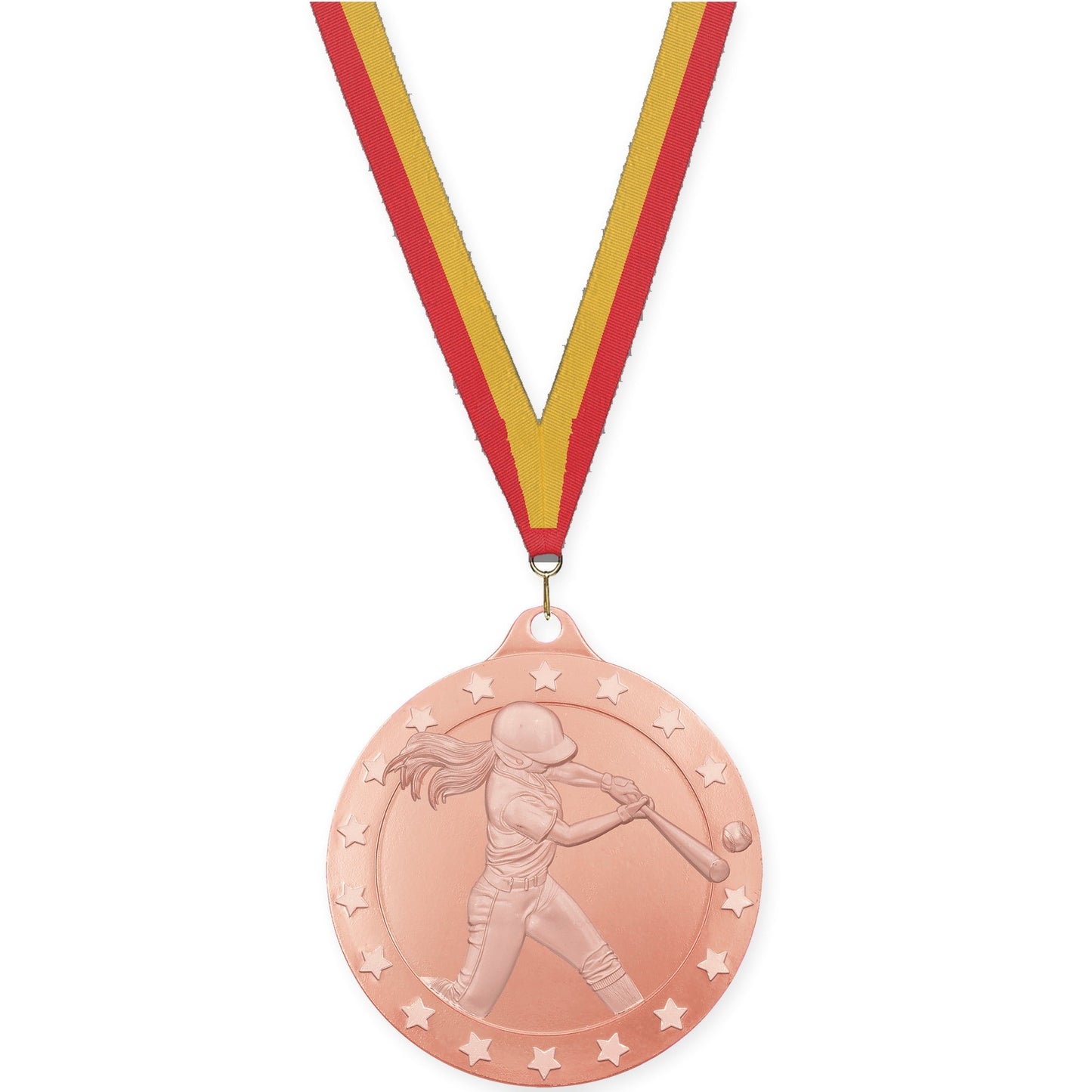 2 3/4 inch softball Radiance medal in bronze with Red Gold neck ribbon