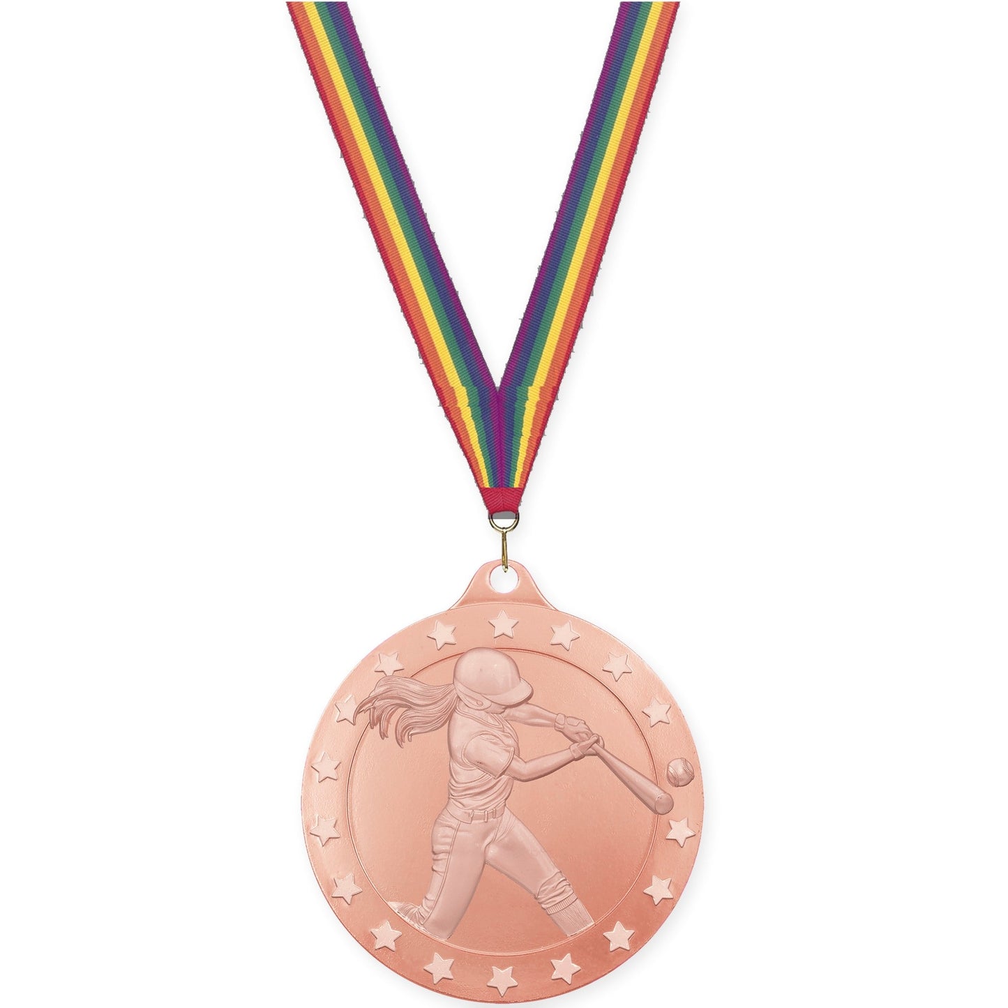 2 3/4 inch softball Radiance medal in bronze with Rainbow neck ribbon