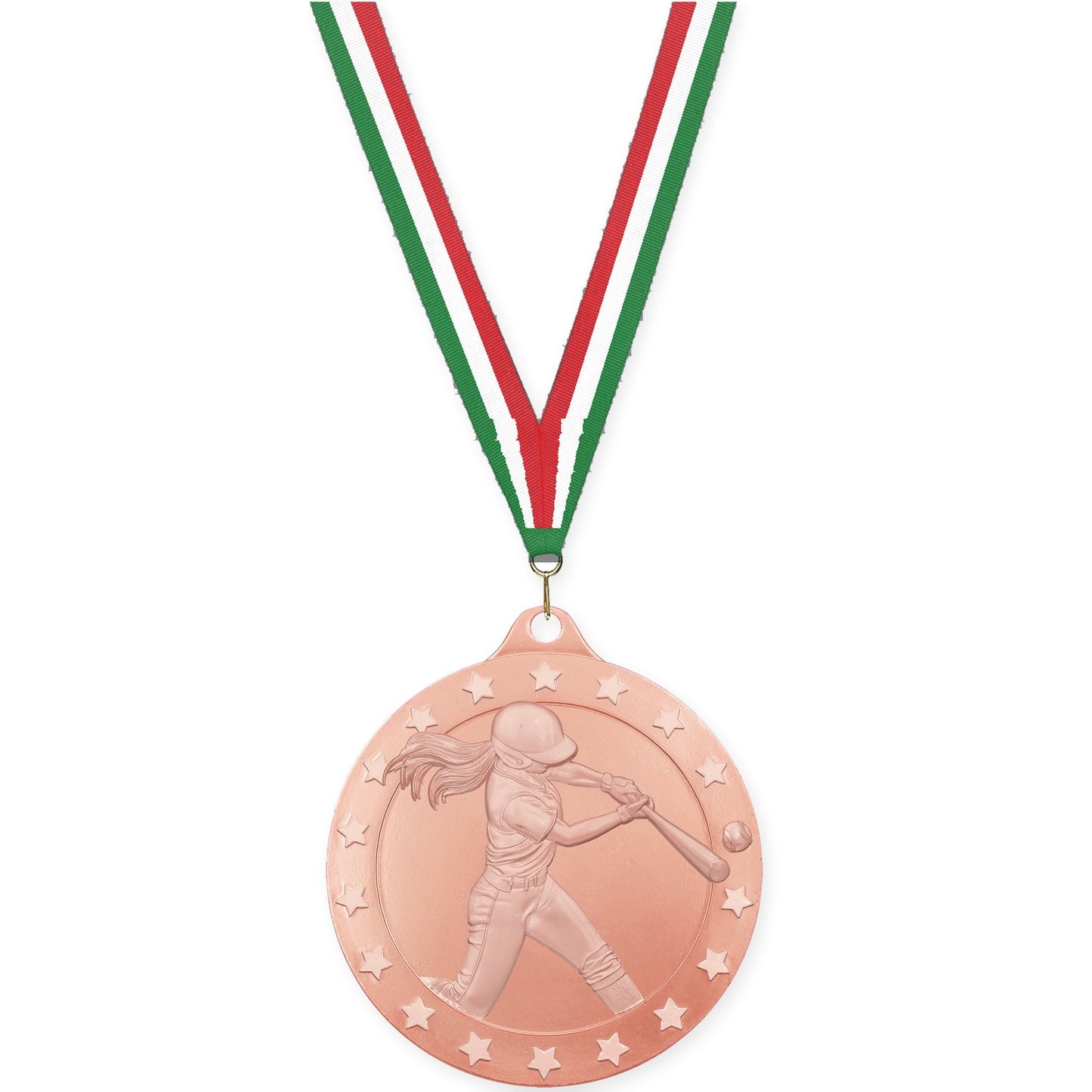 2 3/4 inch softball Radiance medal in bronze with Green White Red neck ribbon
