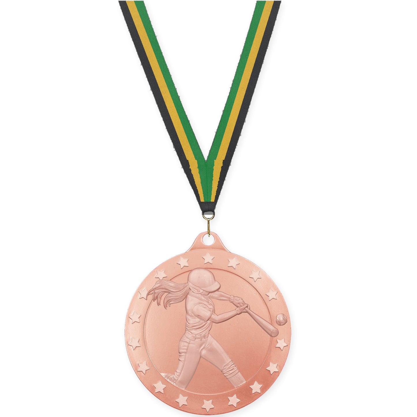 2 3/4 inch softball Radiance medal in bronze with Black Gold Green neck ribbon