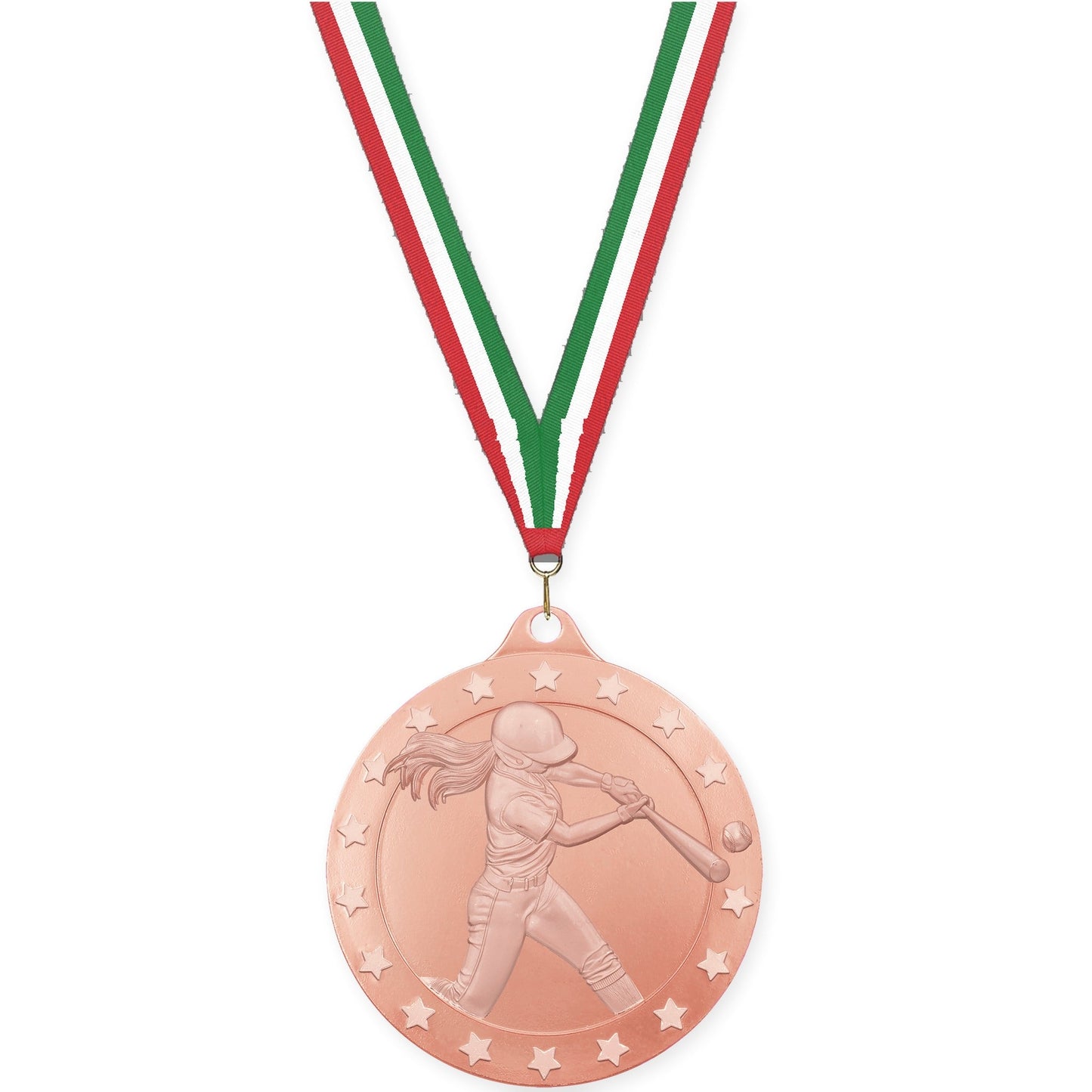 2 3/4 inch softball Radiance medal in bronze with Red White Green neck ribbon