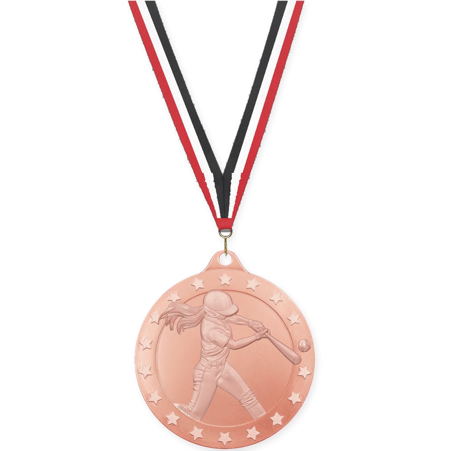 2 3/4 inch softball Radiance medal in bronze with Red White Black neck ribbon