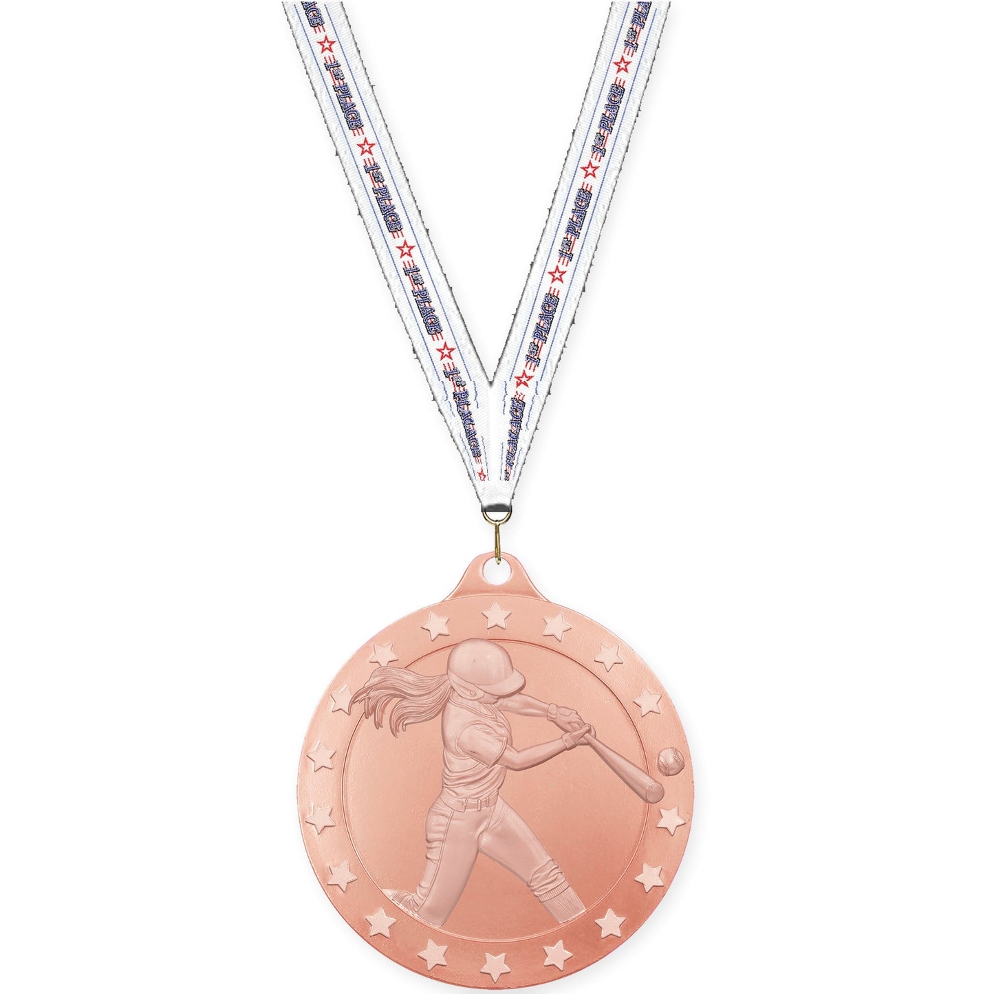 2 3/4 inch softball Radiance medal in bronze with 1st Place neck ribbon