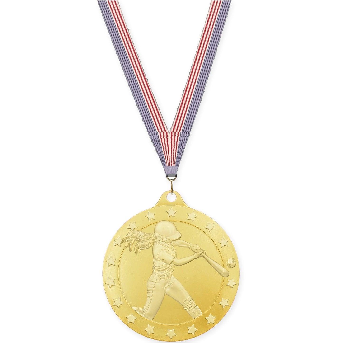 2 3/4 inch softball Radiance medal in gold with USA Flag neck ribbon