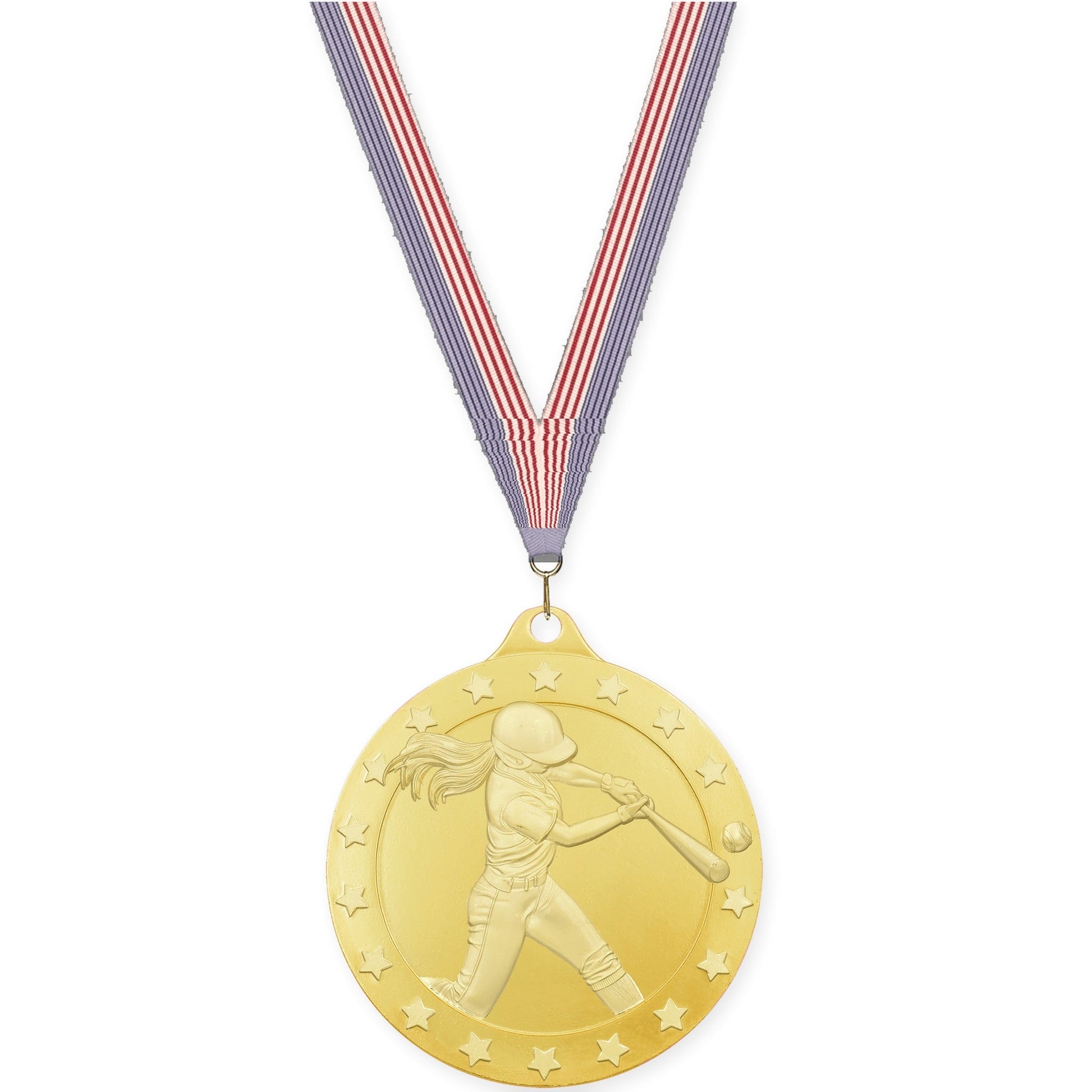 2 3/4 inch softball Radiance medal in gold with USA Flag neck ribbon